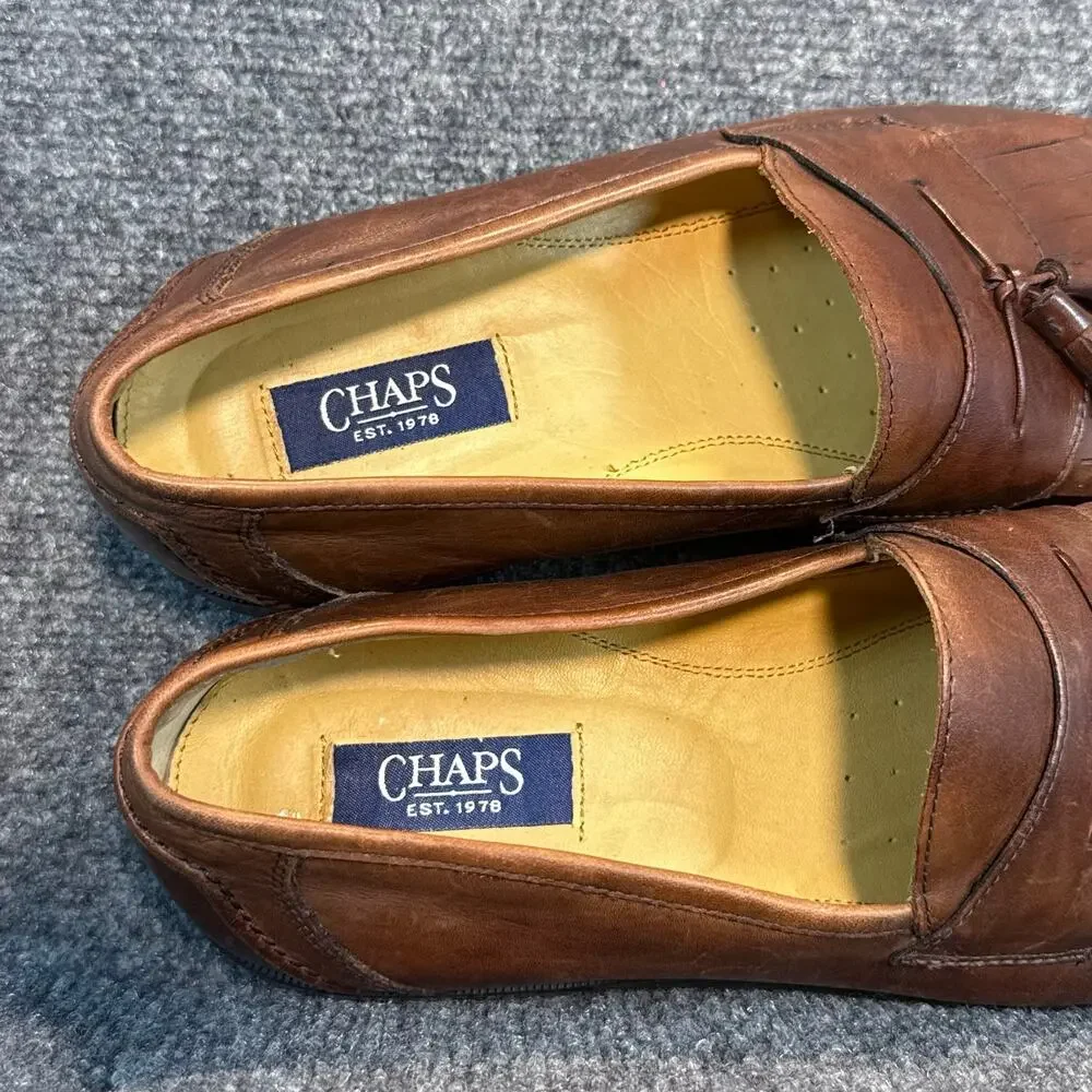 Chaps Brown Leather Tassel Loafers Kiltie Moc Toe Slip On Dress Shoes Size 10